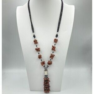 Vintage Teng Yue Goldstone Chip Double Strand Bead Tassel Necklace Boho 28" Long